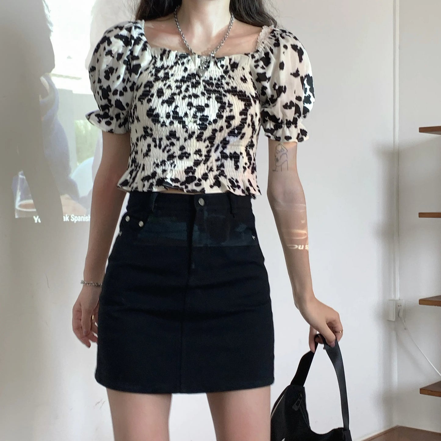 Vintage Cow Print Pleated Top & Black Denim Skirt