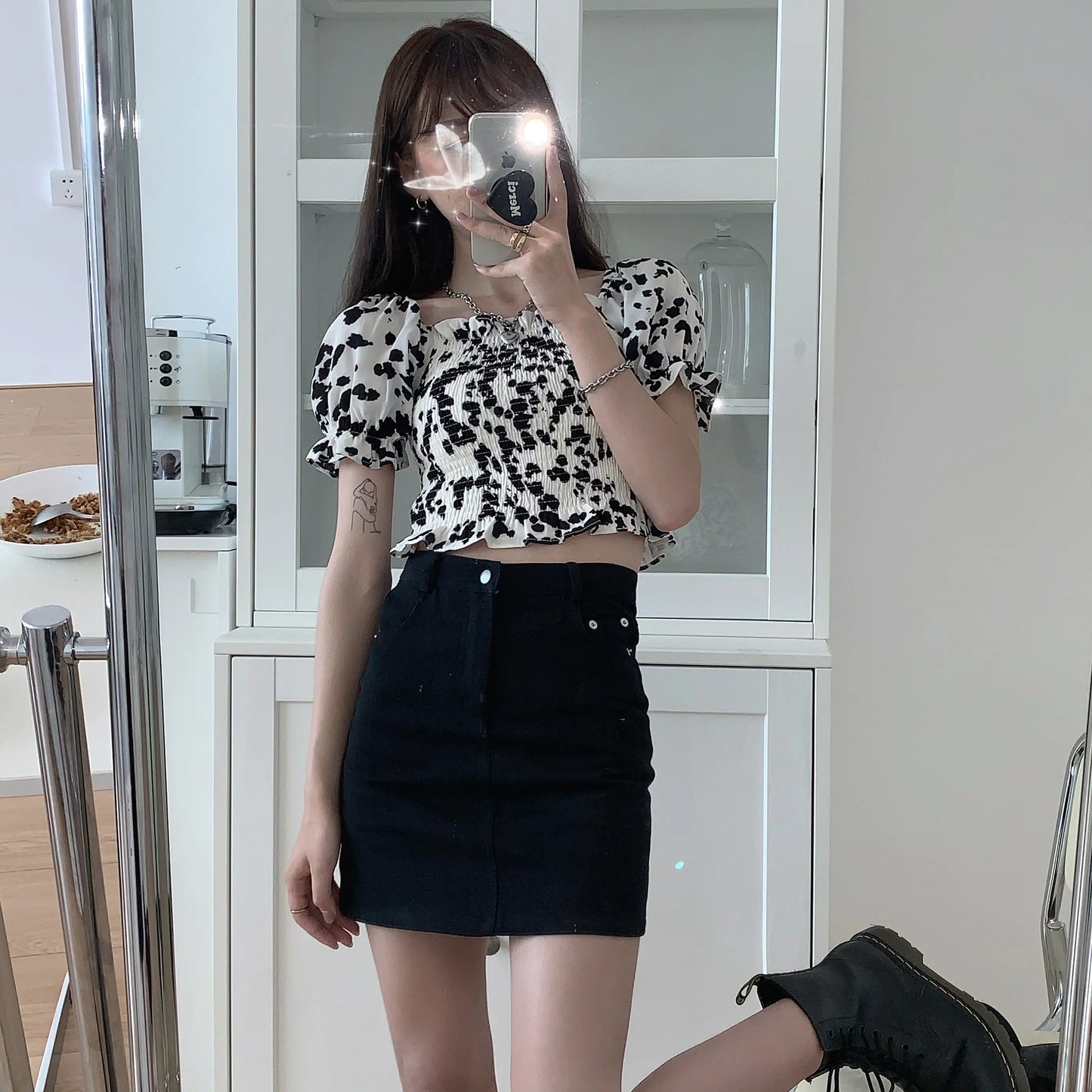 Vintage Cow Print Pleated Top & Black Denim Skirt