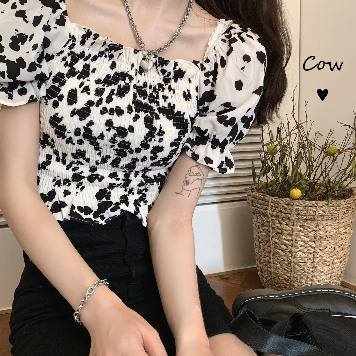 Vintage Cow Print Pleated Top & Black Denim Skirt