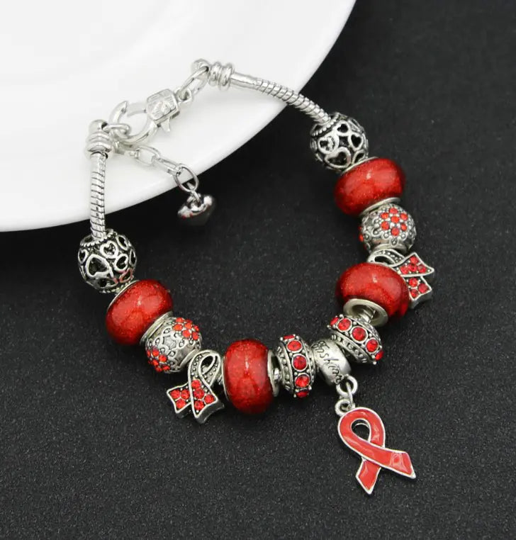 Large Bead Bracelet with Ribbon Pendant